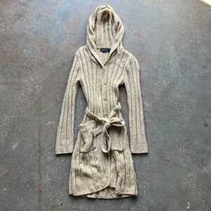 VTG Blue Asphalt Ribbed Knit Hooded Cardigan Sweater Dress Belted Pocket Beige M